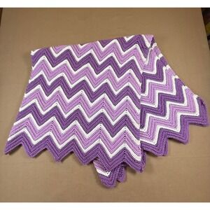 Crochet Afghan Throw Purple White Zig Zag Pattern Throw Handmade‎ Lap 46x46